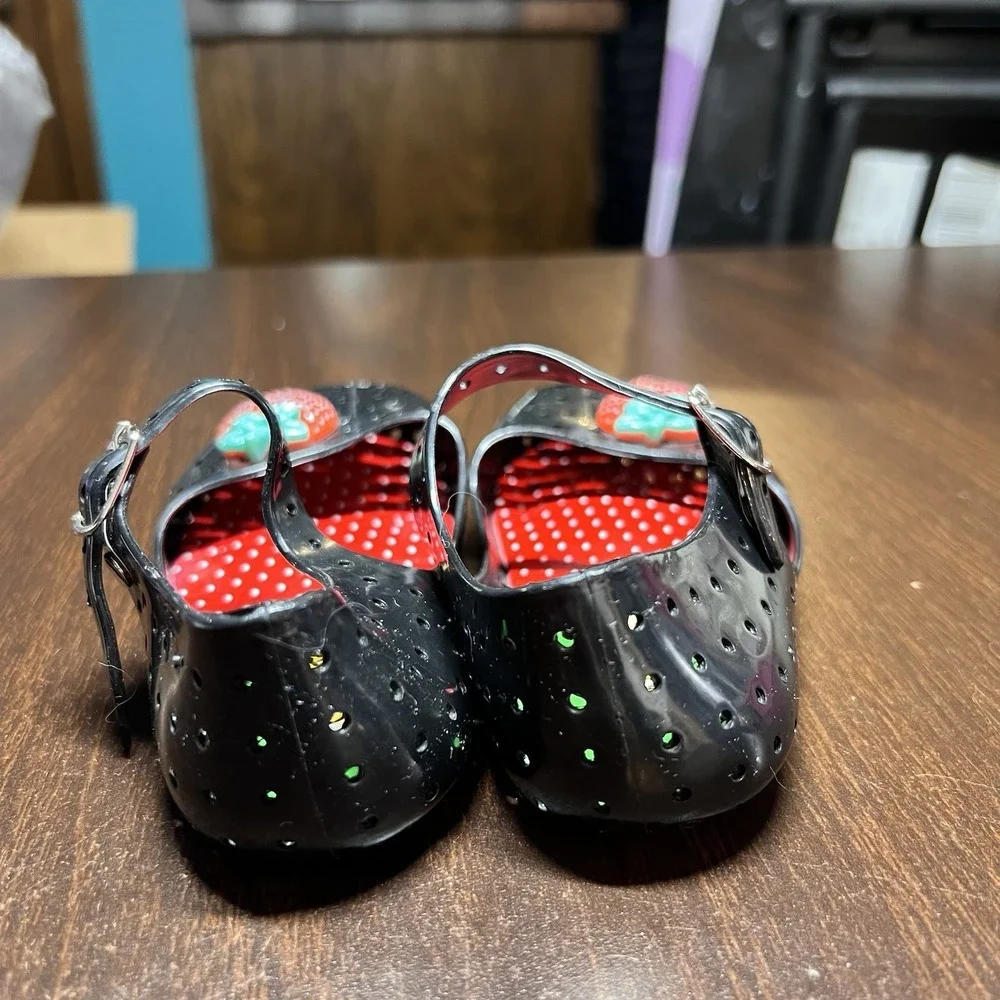 Vtg Happy Jelly Shoes Toddler Girls 9-10 Black Strawberry Mary Jane Y2K Discont.